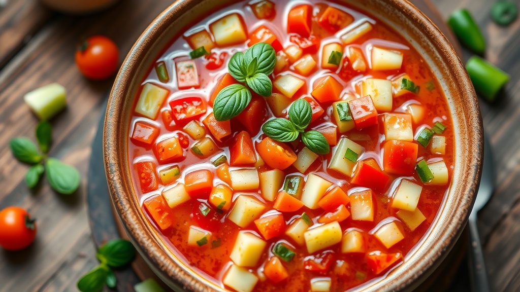 Chilled Spanish Gazpacho Recipe Chilled gazpacho soup garnished with basil, served in a rustic bowl on a wooden table.
